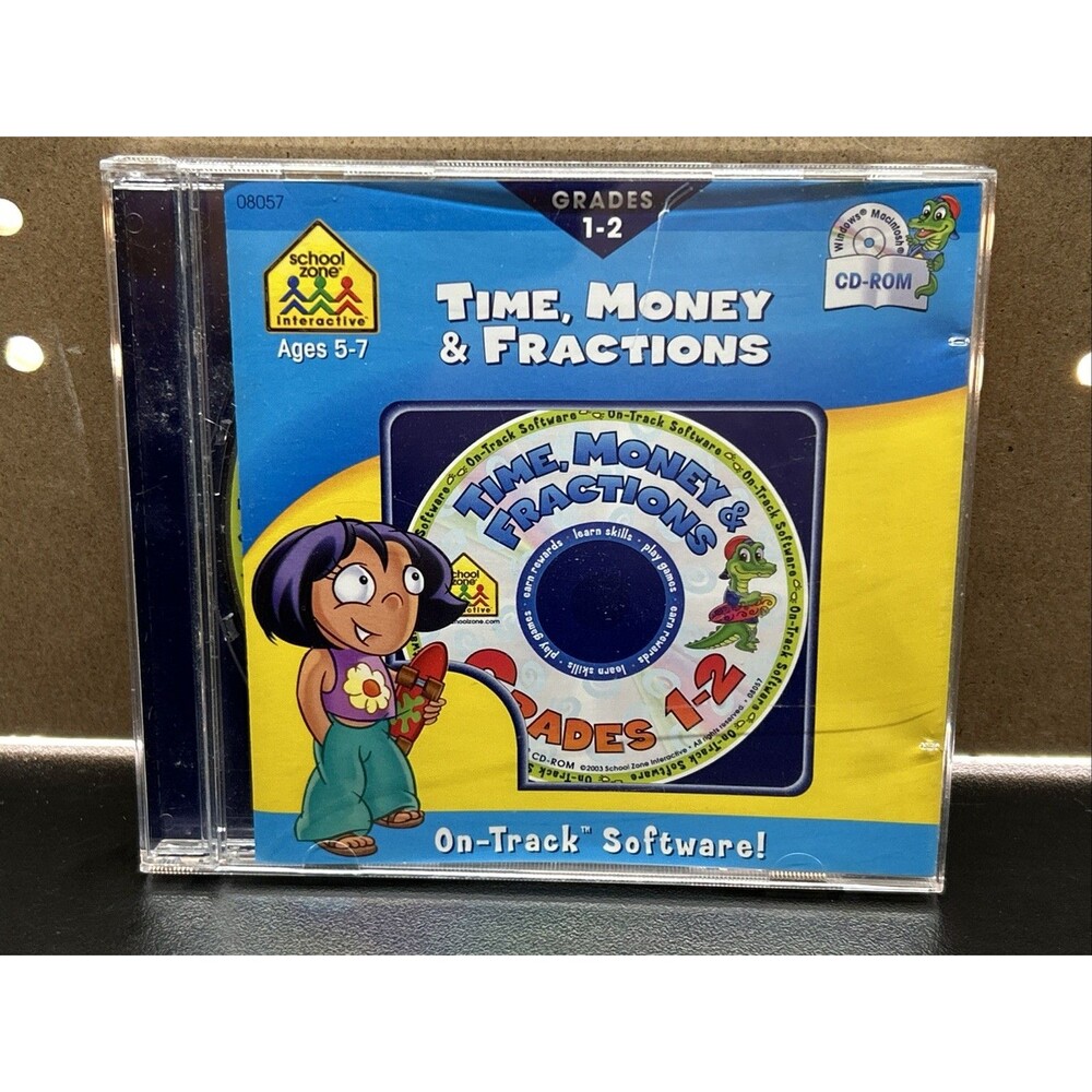 School Zone Time, Money & Fractions CD-ROM Grades 1-2 Ages 5-7 Education